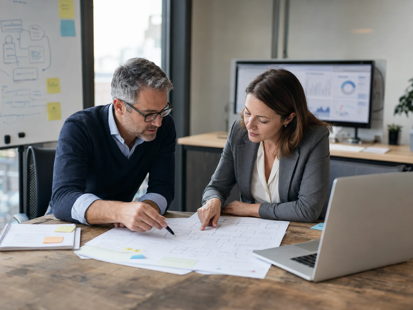 ERP consultant and finance leader reviewing an implementation plan